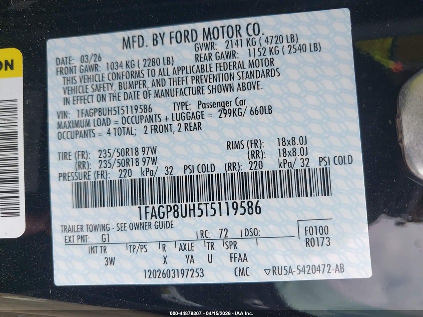 2026 Ford Mustang Ecoboost/Ecoboost Premium VIN: 1FAGP8UH5T5119586 Lot: 44879307