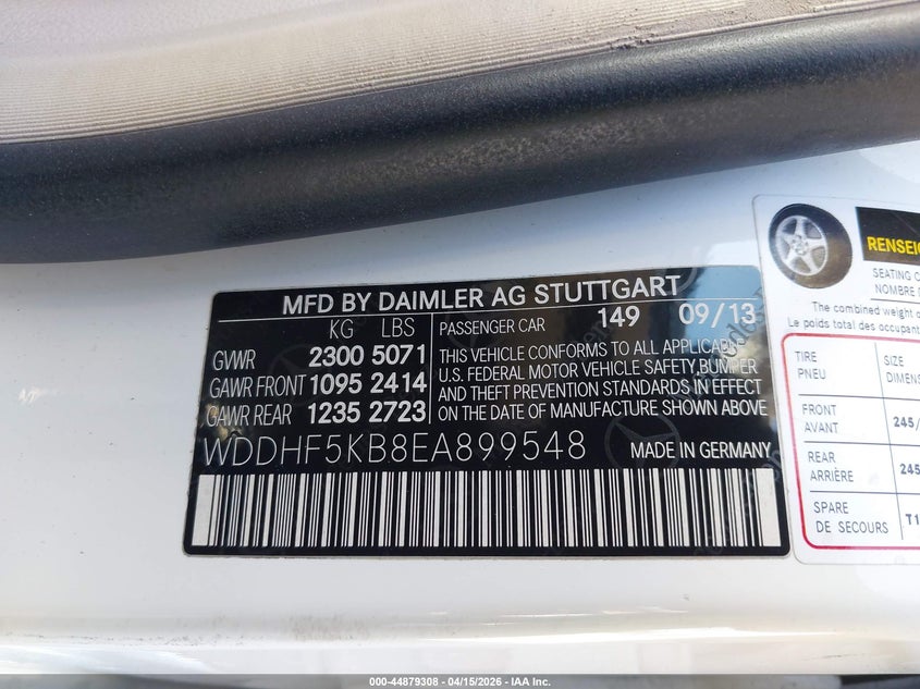 2014 Mercedes-Benz E 350 VIN: WDDHF5KB8EA899548 Lot: 44879308