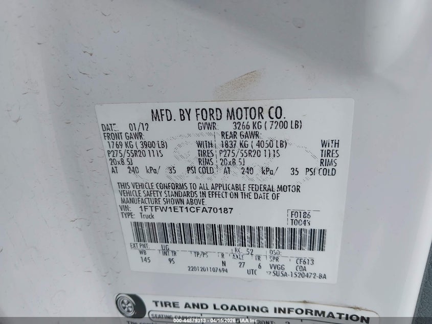 2012 Ford F-150 Platinum VIN: 1FTFW1ET1CFA70187 Lot: 44879313