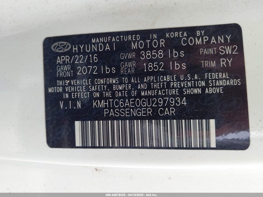 2016 Hyundai Veloster Turbo VIN: KMHTC6AE0GU297934 Lot: 44879325