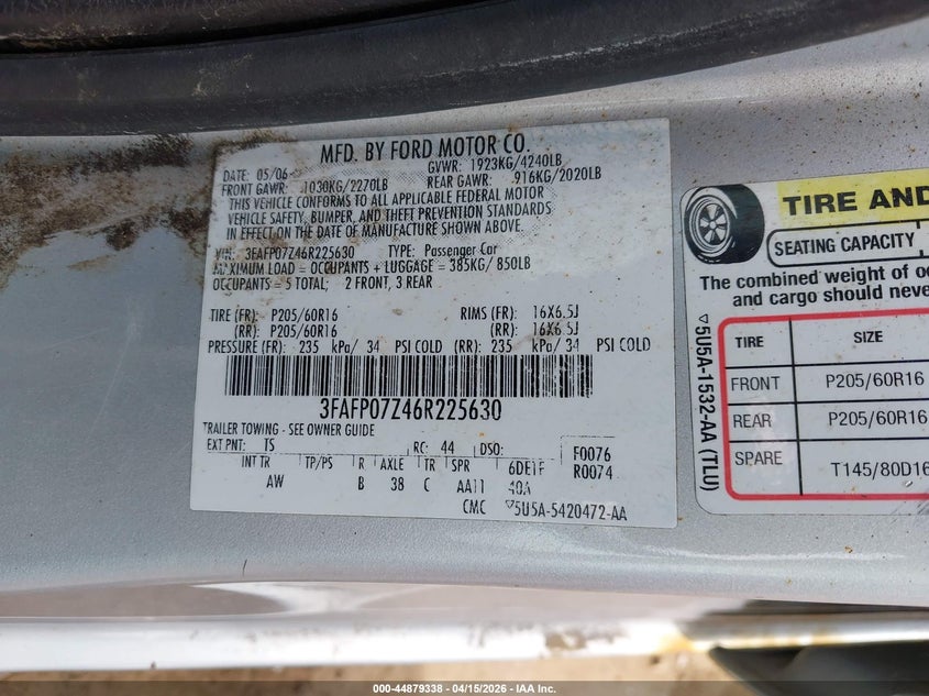 2006 Ford Fusion Se VIN: 3FAFP07Z46R225630 Lot: 44879338