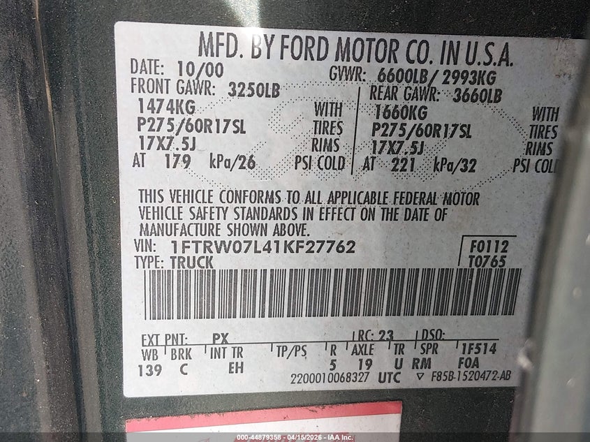 2001 Ford F-150 Harley-Davidson Edition/King Ranch Edition/Lariat/Xlt VIN: 1FTRW07L41KF27762 Lot: 44879358