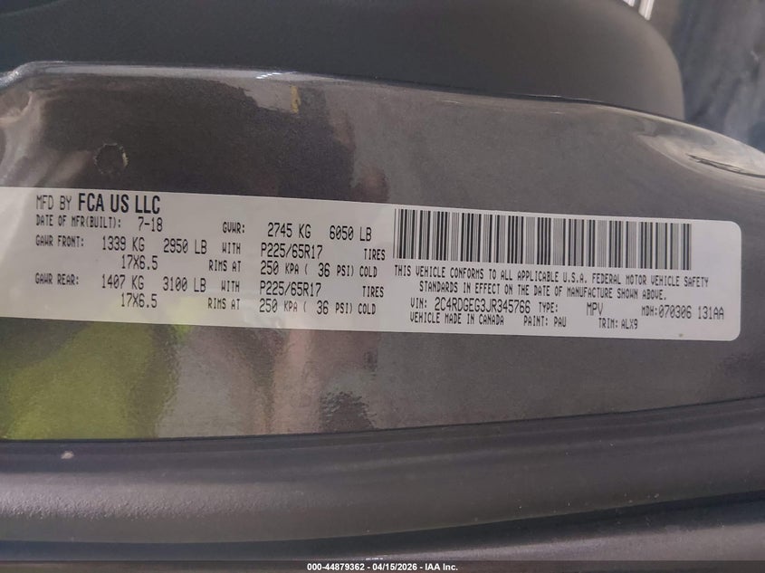 2018 Dodge Grand Caravan Gt VIN: 2C4RDGEG3JR345766 Lot: 44879362