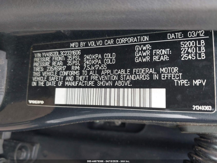 2012 Volvo Xc60 3.2/3.2 Platinum/3.2 Premier/3.2 Premier Plus VIN: YV4952DL3C2331606 Lot: 44879366