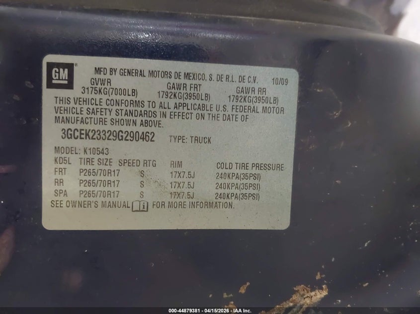 2009 Chevrolet Silverado 1500 Lt VIN: 3GCEK23329G290462 Lot: 44879381