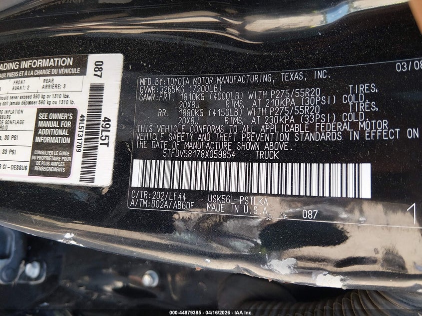 2008 Toyota Tundra Limited 5.7L V8 VIN: 5TFDV58178X059854 Lot: 44879385