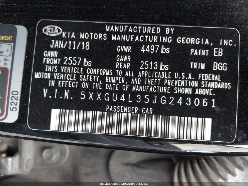 2018 Kia Optima Ex VIN: 5XXGU4L35JG243061 Lot: 44879389