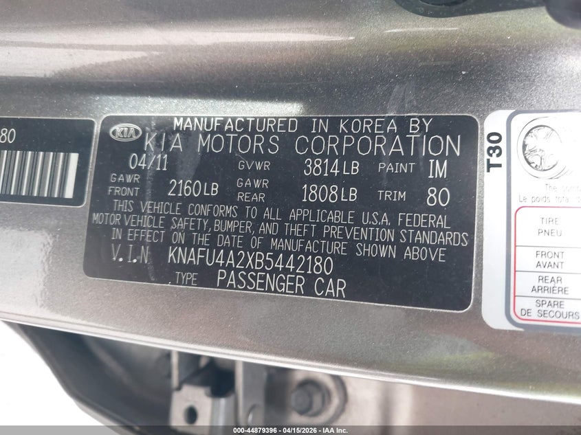 2011 Kia Forte Ex VIN: KNAFU4A2XB5442180 Lot: 44879396