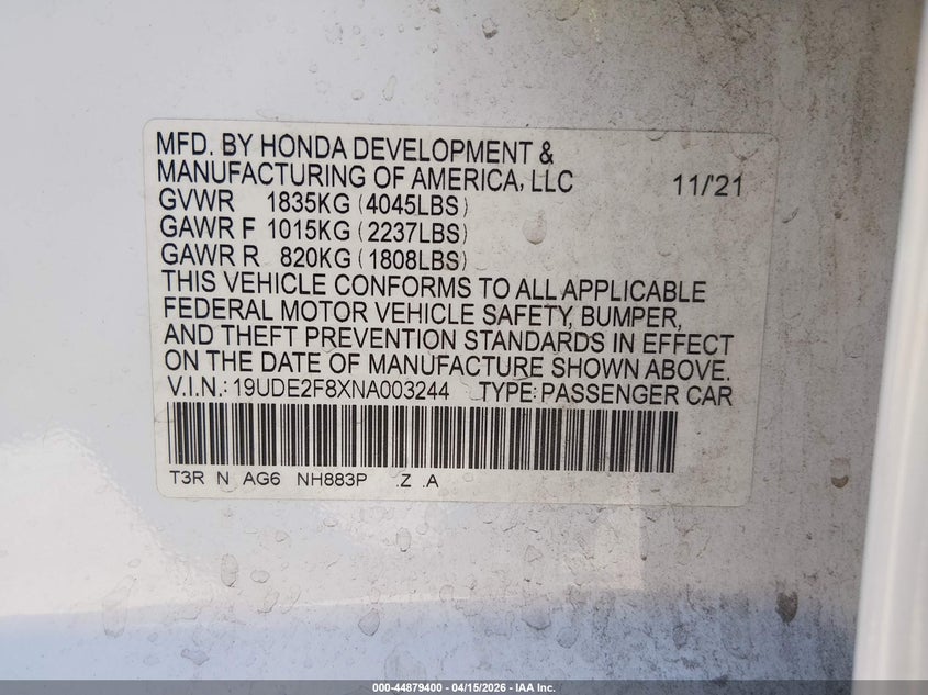 2022 Acura Ilx Premium A-Spec Packages/Technology A-Spec Packages VIN: 19UDE2F8XNA003244 Lot: 44879400