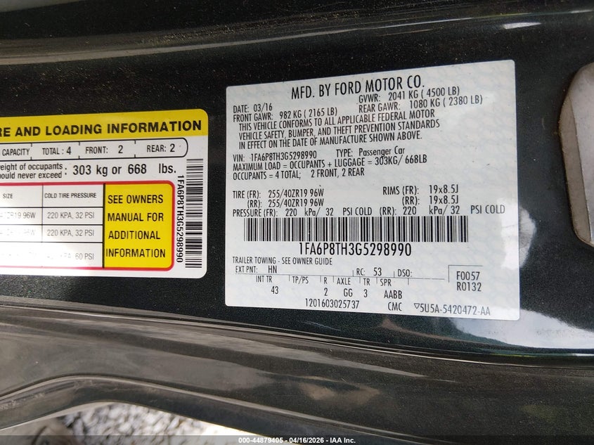 2016 Ford Mustang 2.3 Ecoboost black Lot 111044879405 Vin 1FA6P8TH3G5298990