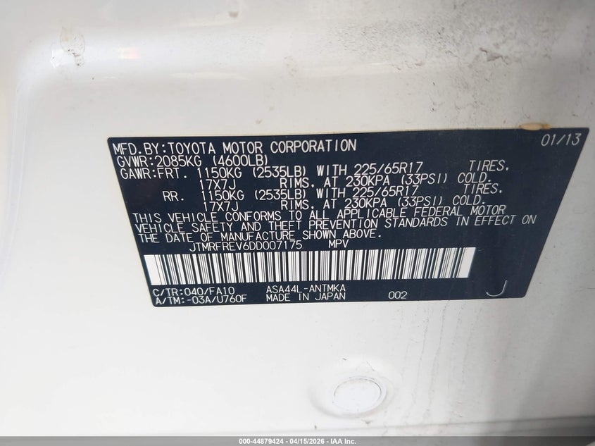 2013 Toyota Rav4 Xle VIN: JTMRFREV6DD007175 Lot: 44879424