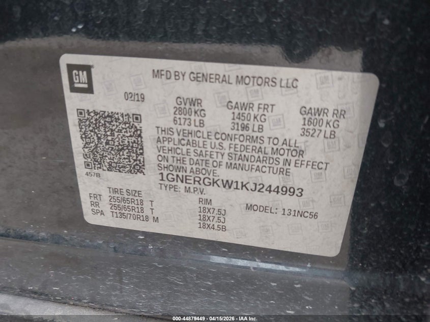 2019 Chevrolet Traverse 1Lt VIN: 1GNERGKW1KJ244993 Lot: 44879449