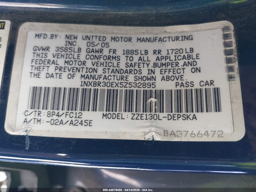 2005 Toyota Corolla S VIN: 1NXBR30EX5Z532895 Lot: 44879458