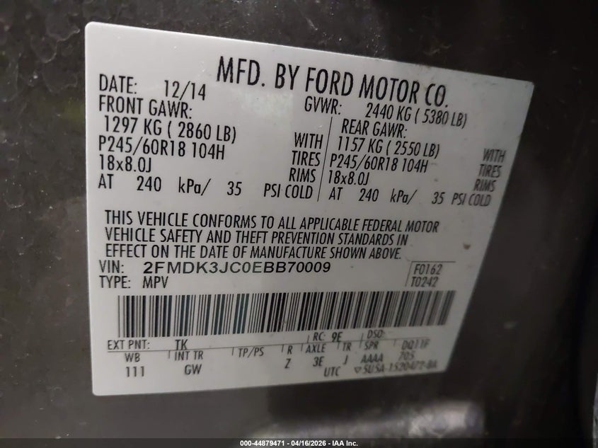 2014 Ford Edge 3.5 Sel beige Lot 111044879471 Vin 2FMDK3JC0EBB70009