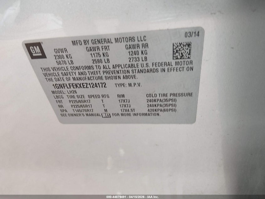 2014 Chevrolet Equinox 1Lt VIN: 1GNFLFEKXEZ124172 Lot: 44879491