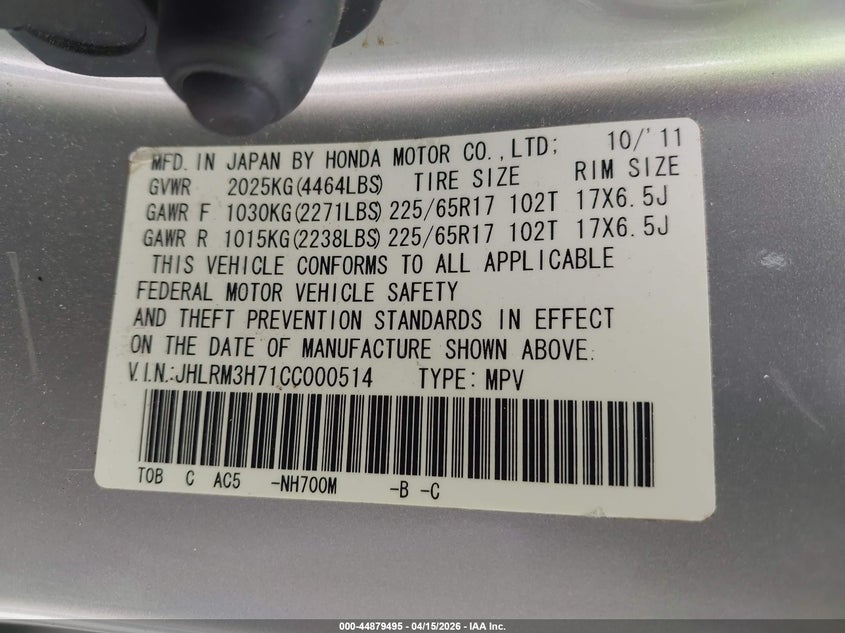 2012 Honda Cr-V Ex-L VIN: JHLRM3H71CC000514 Lot: 44879495