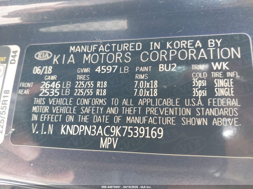 2019 Kia Sportage Ex VIN: KNDPN3AC9K7539169 Lot: 44879497