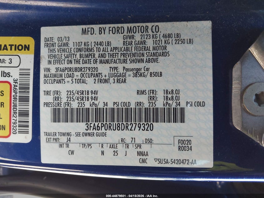 2013 Ford Fusion Hybrid Titanium VIN: 3FA6P0RU8DR279320 Lot: 44879501