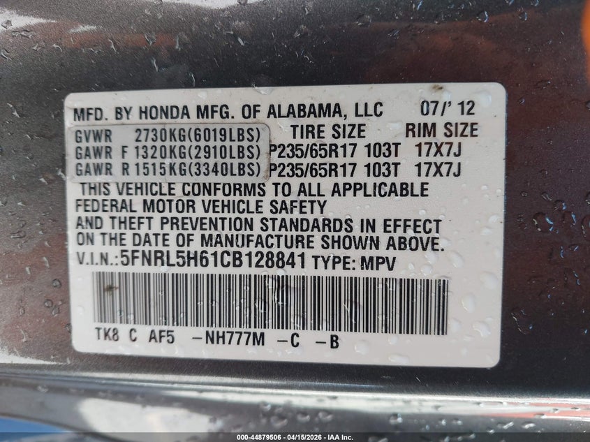 2012 Honda Odyssey Ex-L VIN: 5FNRL5H61CB128841 Lot: 44879506