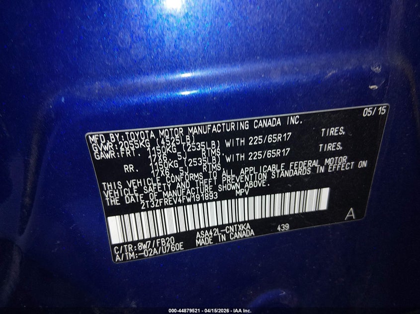 2015 Toyota Rav4 Le VIN: 2T3ZFREV4FW191893 Lot: 44879521