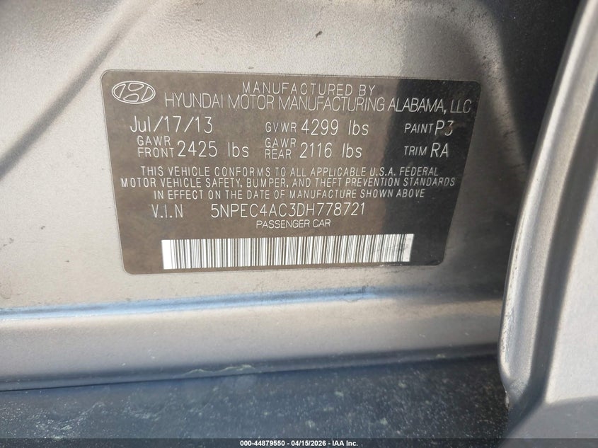 2013 Hyundai Sonata Se VIN: 5NPEC4AC3DH778721 Lot: 44879550