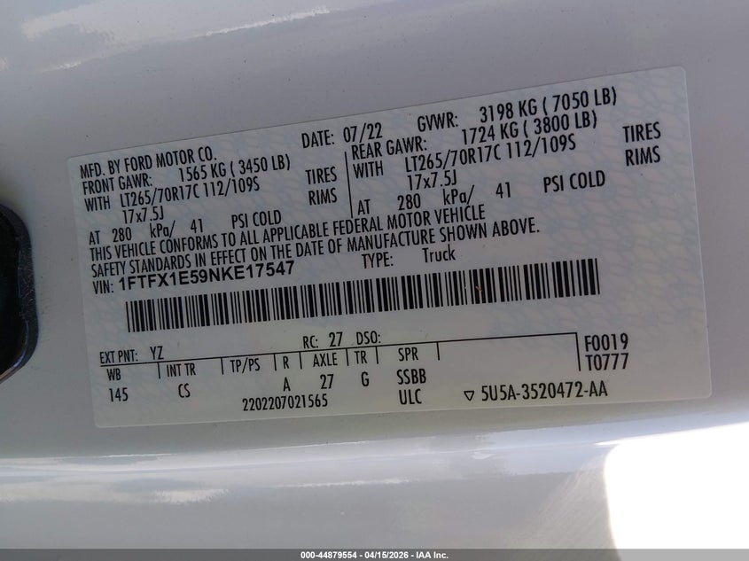 2022 Ford F-150 Xl VIN: 1FTFX1E59NKE17547 Lot: 44879554