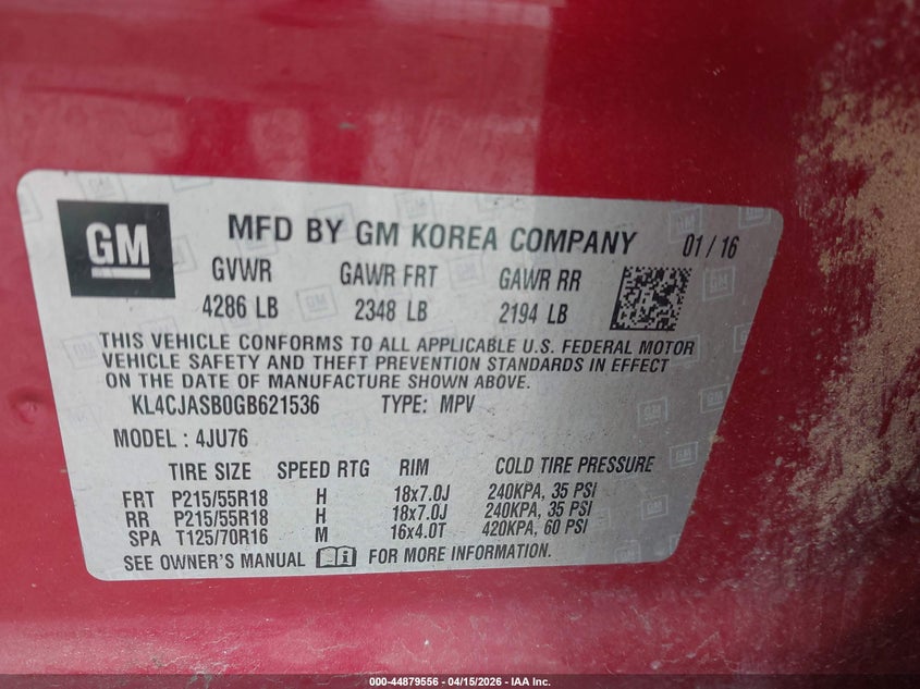 2016 Buick Encore VIN: KL4CJASB0GB621536 Lot: 44879556