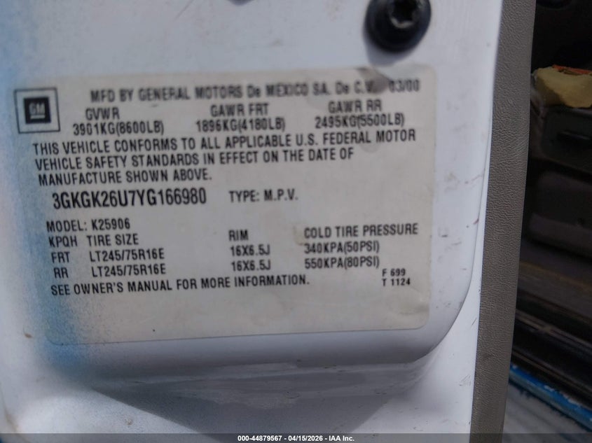 2000 GMC Yukon Xl 2500 Slt VIN: 3GKGK26U7YG166980 Lot: 44879567