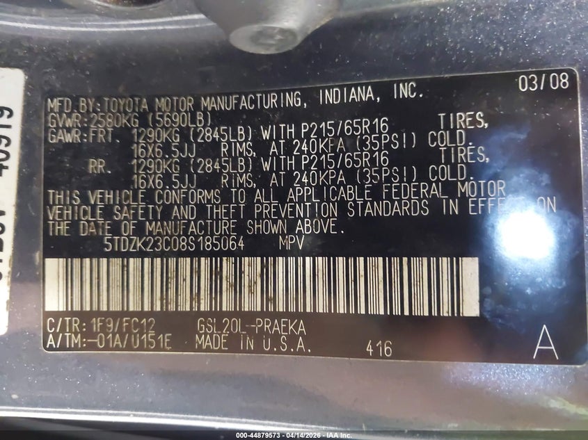 2008 Toyota Sienna Le VIN: 5TDZK23C08S185064 Lot: 44879573