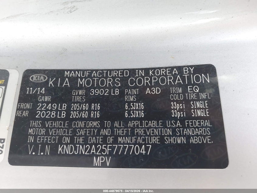 2015 Kia Soul VIN: KNDJN2A25F7777047 Lot: 44879575