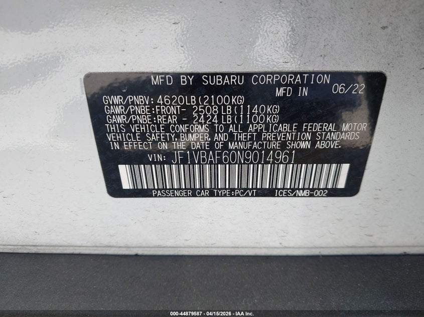 2022 Subaru Wrx Premium VIN: JF1VBAF60N9014961 Lot: 44879587
