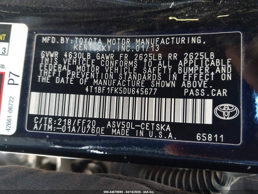 2013 Toyota Camry Se VIN: 4T1BF1FK5DU645677 Lot: 44879595