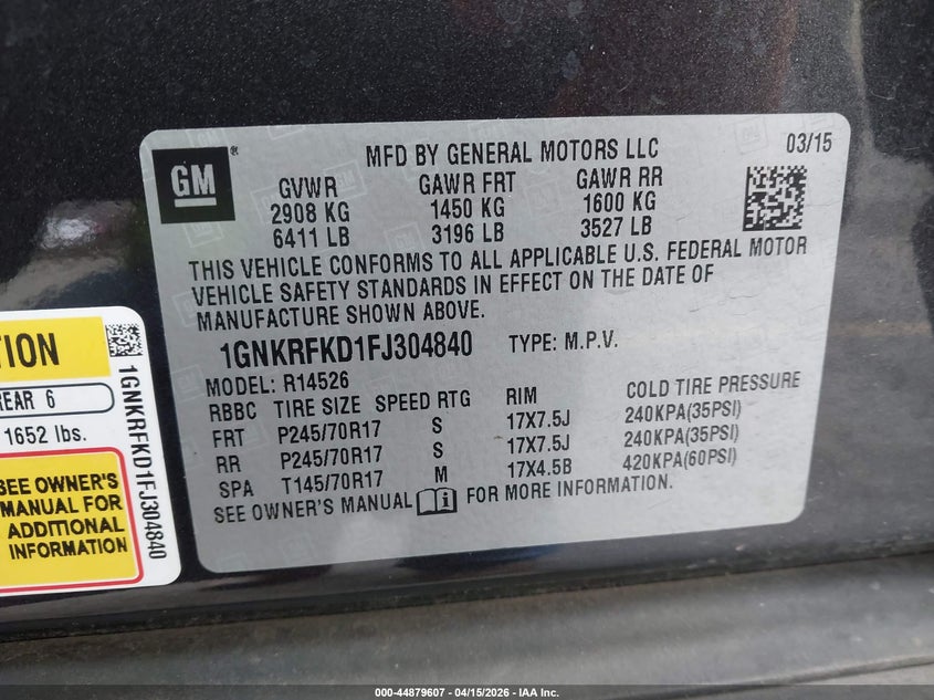 2015 Chevrolet Traverse Ls VIN: 1GNKRFKD1FJ304840 Lot: 44879607