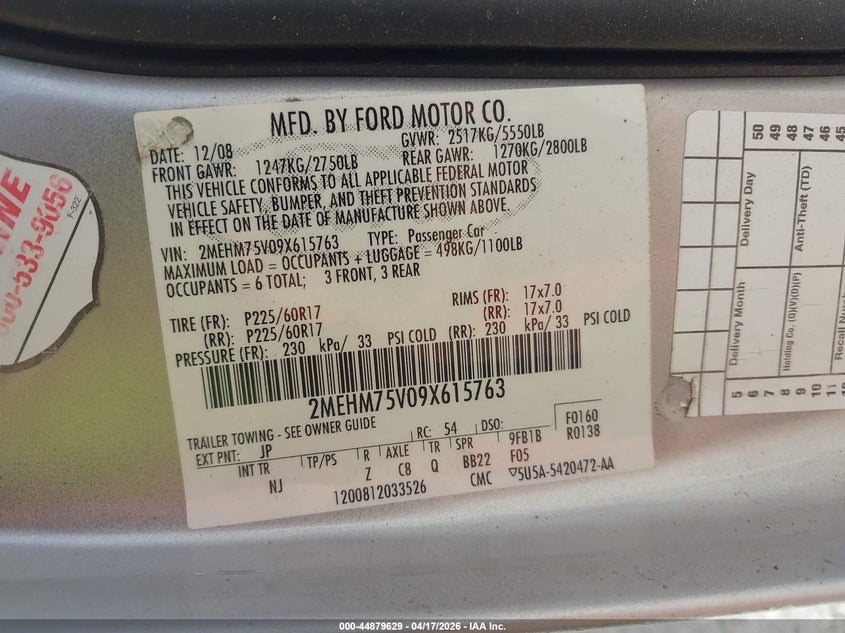 MERCURY GRAND MARQUIS 2009 VIN 2MEHM75V09X615763