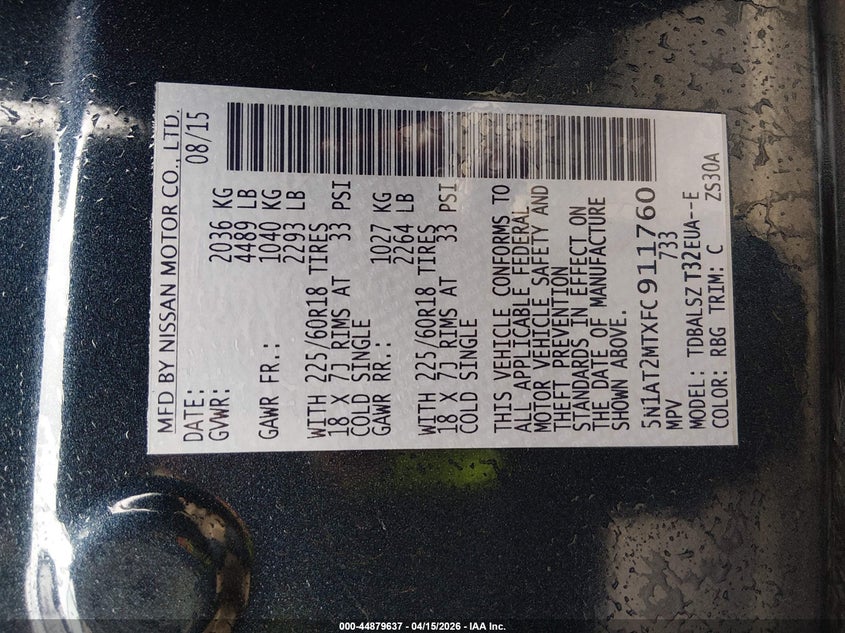 2015 Nissan Rogue Sl VIN: 5N1AT2MTXFC911760 Lot: 44879637