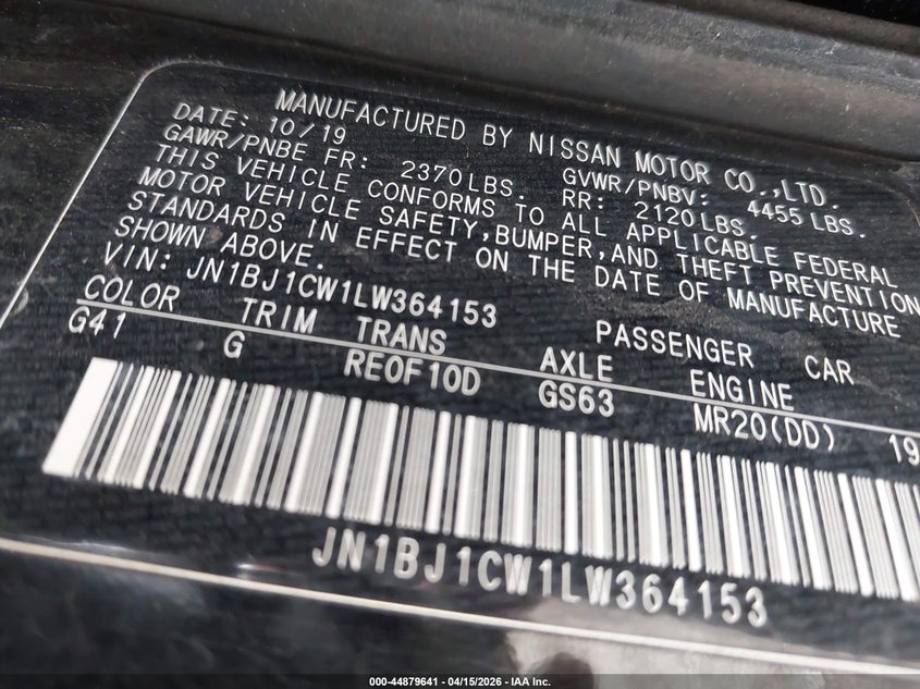 2020 Nissan Rogue Sport Sl Awd Xtronic Cvt VIN: JN1BJ1CW1LW364153 Lot: 44879641