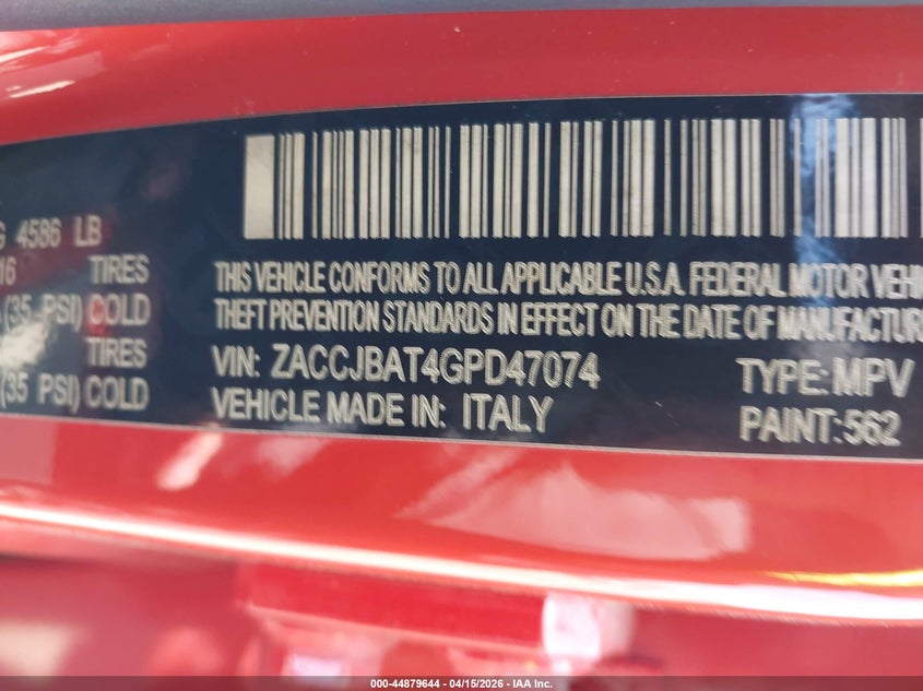 2016 Jeep Renegade Sport VIN: ZACCJBAT4GPD47074 Lot: 44879644