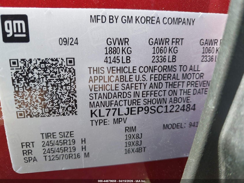 2025 Chevrolet Trax Fwd 2Rs VIN: KL77LJEP9SC122484 Lot: 44879658