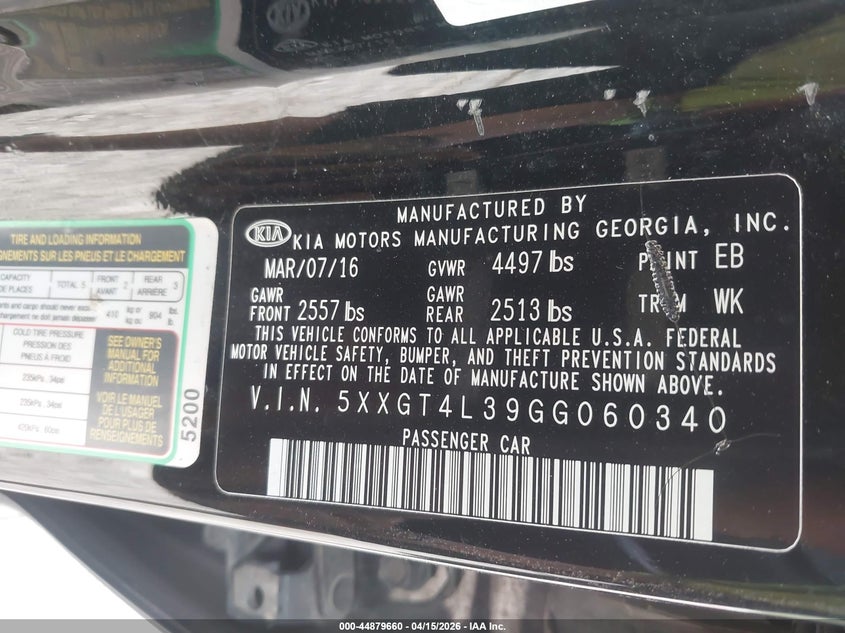 2016 Kia Optima Lx VIN: 5XXGT4L39GG060340 Lot: 44879660