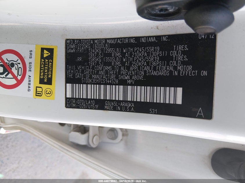 2012 Toyota Highlander Limited V6 VIN: 5TDDK3EH7CS144528 Lot: 44879662