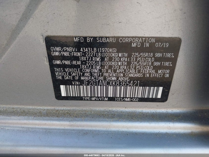 2019 Subaru Crosstrek 2.0I Limited VIN: JF2GTANCXK8365421 Lot: 44879663