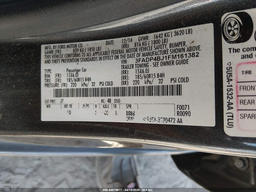 2015 Ford Fiesta Se VIN: 3FADP4BJ1FM161382 Lot: 44879677