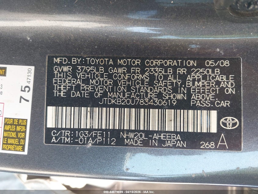 2008 Toyota Prius VIN: JTDKB20U783430619 Lot: 44879699