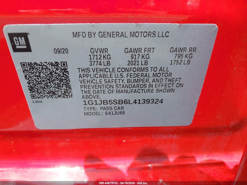 VIN 1G1JB5SB6L4139324 2020 CHEVROLET SONIC FWD  LS