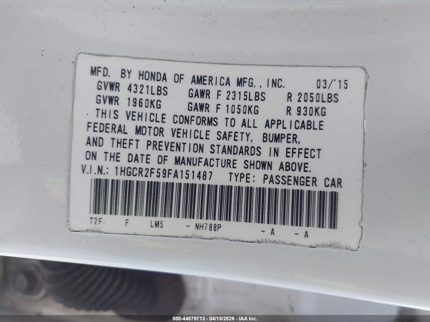 2015 Honda Accord Sport VIN: 1HGCR2F59FA151487 Lot: 44879713