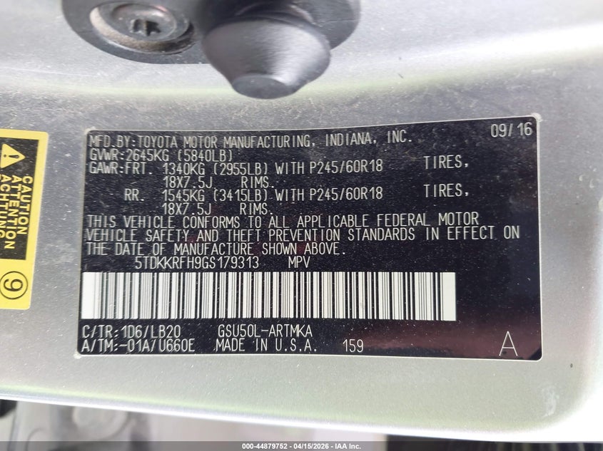 2016 Toyota Highlander Xle V6 VIN: 5TDKKRFH9GS179313 Lot: 44879752