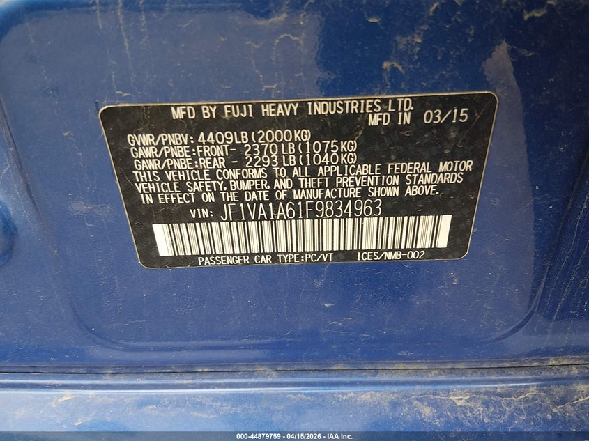 2015 Subaru Wrx VIN: JF1VA1A61F9834963 Lot: 44879759