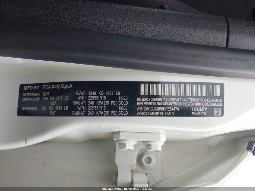 2017 Jeep Renegade Altitude Fwd VIN: ZACCJABB0HPE64474 Lot: 44879762