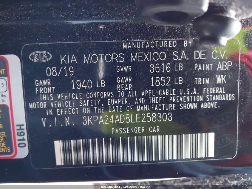 2020 Kia Rio S VIN: 3KPA24AD8LE258303 Lot: 44879814