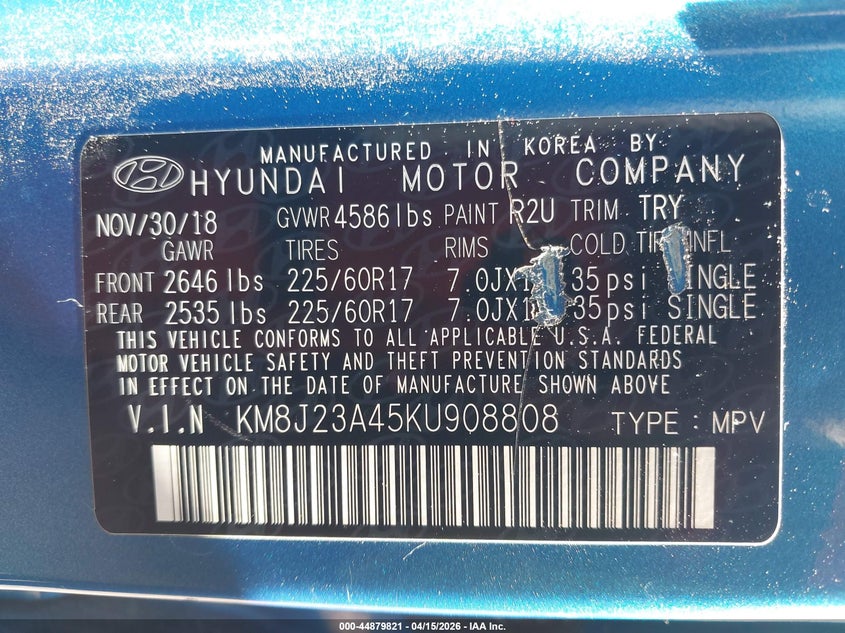 2019 Hyundai Tucson Se VIN: KM8J23A45KU908808 Lot: 44879821